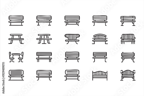 Park Bench and Outdoor Seating Line Icons Set for Urban Design