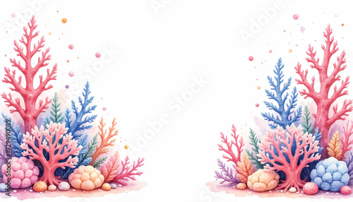 Vibrant coral reef illustration with colorful seaweed.