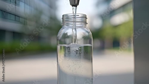 Close-up of a completely plain reusable water bottle being filled at a public water refill station