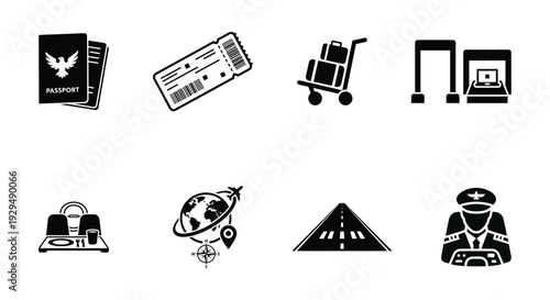 A set of black and white vector icons depicting various travel and transportation related items, including a passport, ticket, luggage cart, and more, on a clean white background