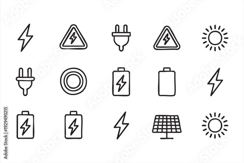 Energy and Electric Power Line Icons Set with Battery and Solar Symbols