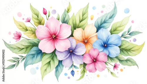 Colorful watercolor floral arrangement with leaves.