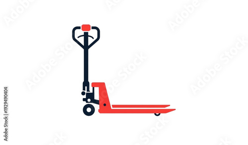A minimalist vector graphic of a red and black pallet jack on a white background