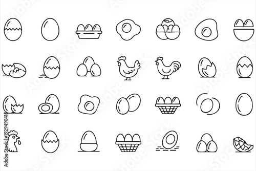 Egg and Chicken Line Icons Set with Breakfast and Farm Symbols