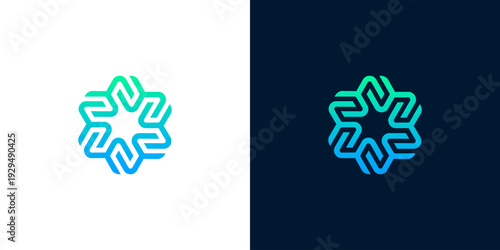Abstract geometric logo concept of dynamic interconnected lines in a blue-green gradient, forming a star-like shape, symbolizing innovation, digital progress, and unity