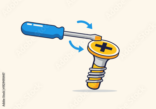 Screwdriver Turning a Screw with Arrows Indicating Rotation.