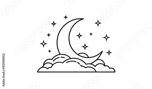 A minimalist vector graphic of a crescent moon and stars in the night sky