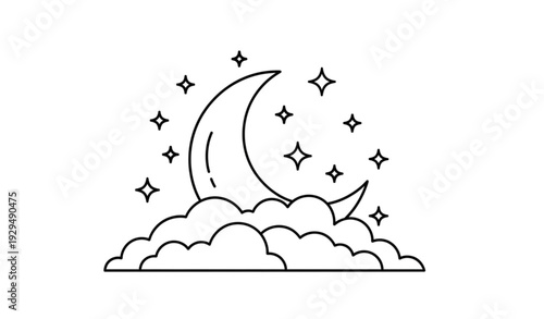 A minimalist vector illustration of a crescent moon shining above clouds