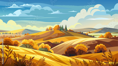 Rolling hills covered with golden autumn vegetation stretching toward open horizon clear sky above clean minimal vector illustration flat design uncluttered peaceful composition