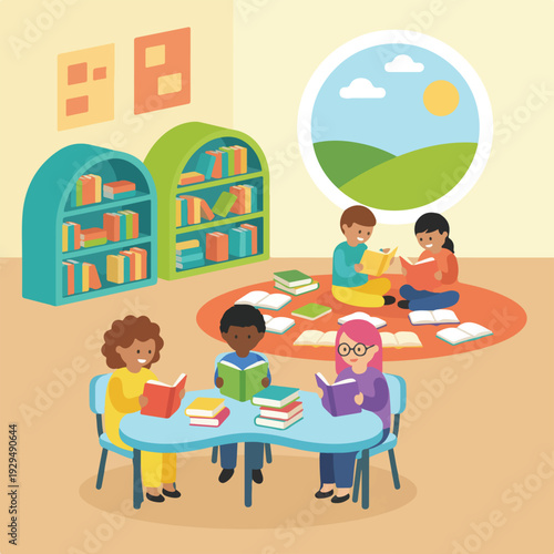 Diverse children happily read books together in a colorful, inviting library or classroom, fostering a love for learning.