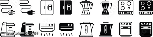 Kitchen and Home Appliance Icons Set – Refrigerator, Oven, Blender, Coffee Machine, Kettle, Stove and Electric Plug Vector Line and Solid Collection.