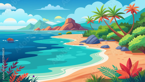 A tropical coastline with shallow coral reef visible beneath clear water smooth sandy shore under bright sky clean minimal vector illustration flat design uncluttered composition