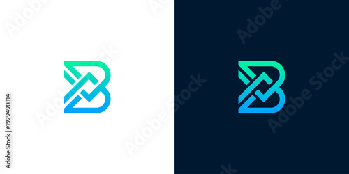 Modern abstract 'B' letter logo design with a gradient from green to blue on white and dark blue backgrounds