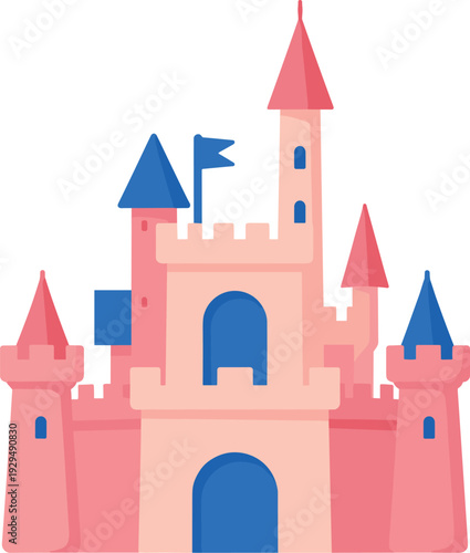 Cute castle with turrets and flag in pink and blue stands against a white background