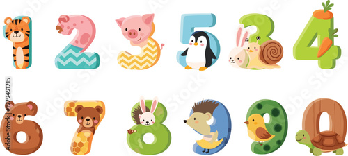 Set of cute cartoon animal numbers from zero to nine for children education, nursery decor, alphabet learning, and birthday party invitation design.