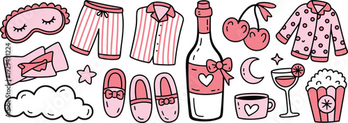 Cute pajama party doodle collection, girly sleepover elements with wine, popcorn, slippers and cozy night accessories illustration set