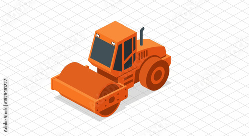 Orange Steamroller Construction Vehicle Isometric Illustration.