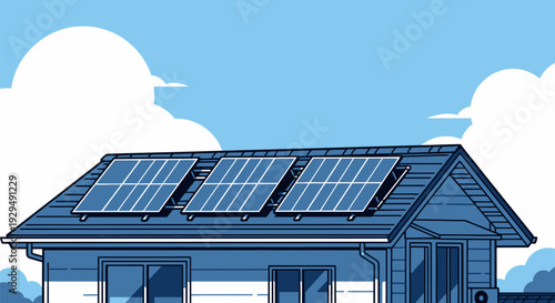 Modern House with Solar Panels on Roof.