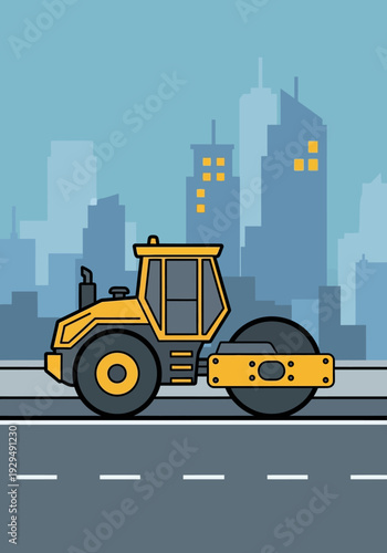 Yellow Steamroller Vehicle on City Road Illustration.