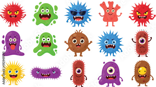Colorful cartoon virus and bacteria characters set with various expressions and shapes, cute monster microbes collection isolated on white background.