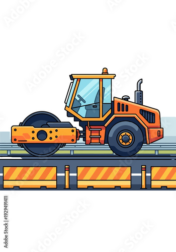 Orange Steamroller Machine Working on Road Construction.