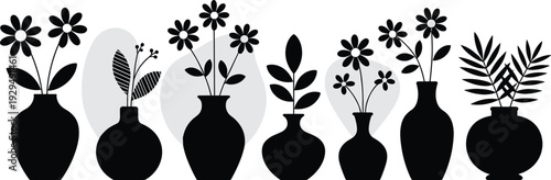 Flower vase silhouette collection, decorative botanical plants in modern vases isolated vector set for home interior and floral design