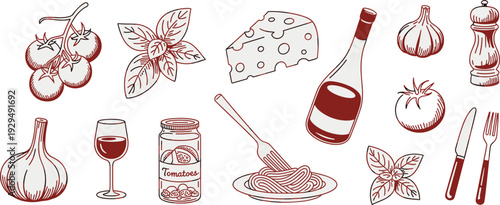Italian food doodle illustration set, hand drawn pasta, wine, cheese, tomato and garlic cooking ingredients collection for restaurant menu design