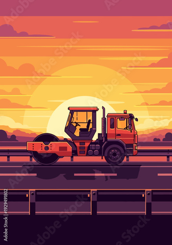 Pixel Art Steamroller Vehicle on Road Construction.