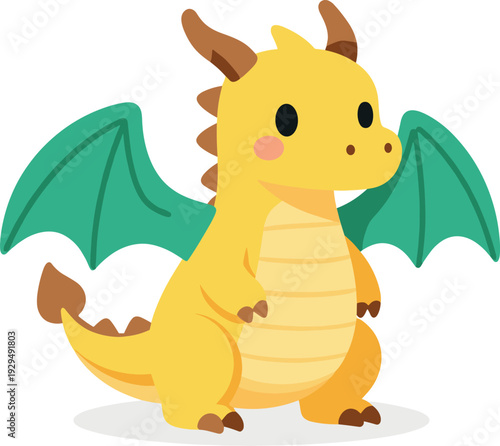 Cute dragon with wings sits and smiles isolated on white background