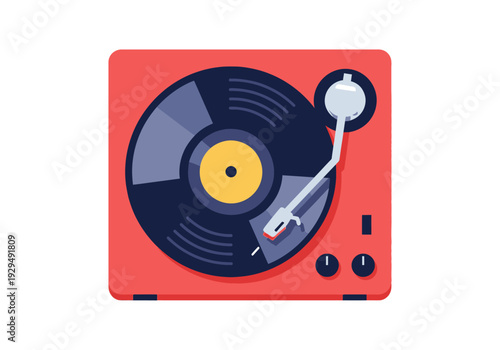 Retro Red Turntable Playing Vinyl Record Music.