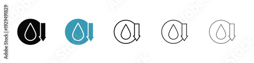 Crude oil barrel price falling down icon in line art style on white background for graphic and web design.