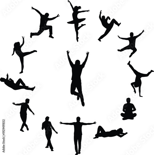 Collection of jumping people silhouettes in dynamic action poses isolated on white background, energetic human figures expressing freedom, motion, dance, sport and celebration concept