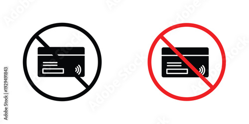 Credit card with prohibition signs in line art style on white background for graphic and web design.