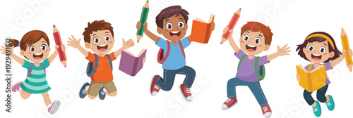 Cheerful cartoon school children jumping with books and pencils, happy students celebrating education, back to school learning illustration