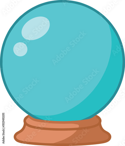Mystical turquoise crystal ball on a wooden stand casting a light reflection