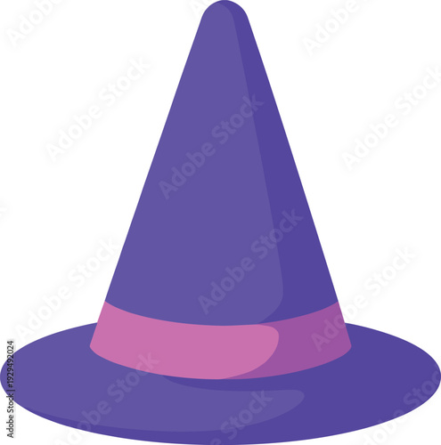 Simple witch hat in purple with a pink ribbon on a white background