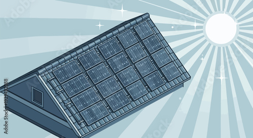 Solar Panels on Rooftop Under Bright Sunlight.