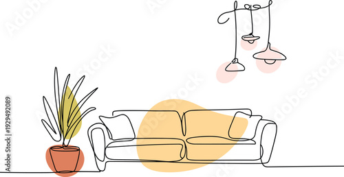 Modern living room line art illustration, minimalist sofa interior with plant and pendant lights for contemporary home decoration design