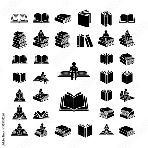 A collection of book icons and people reading in various poses and settings.