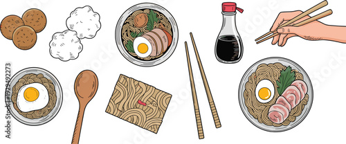 Ramen noodle illustration set, Japanese food elements with chopsticks, soy sauce, egg and bowl for Asian cuisine menu design