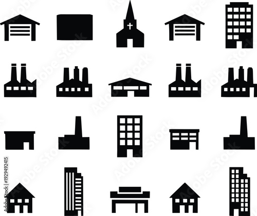Collection of urban and industrial building icons including factory, warehouse, church, office tower and residential house silhouettes isolated on white background vector set