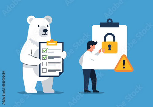 Polar Bear and Man Secure Data with Checklist and Padlock.