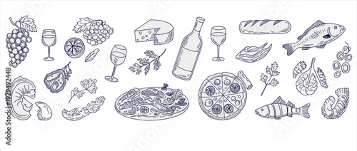 Seafood and gourmet food doodle collection, hand drawn fish, wine, cheese and pizza elements for restaurant menu illustration