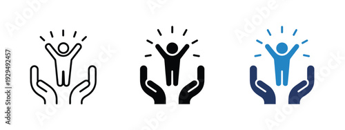 Hands holding person vector illustrations, uplifting design with radiating light lines for care, support, growth, achievement, personal development, well being, and protection in digital and creative 