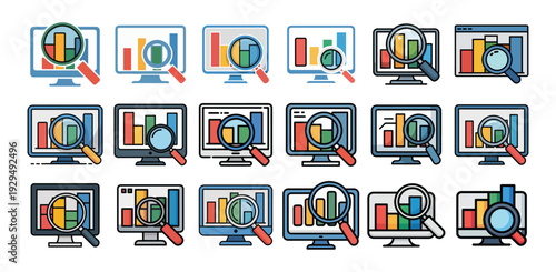 Color financial statistics chart analysis icon collection. Business growth report graph monitoring illustration