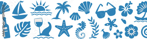 Summer beach icon collection, tropical vacation silhouettes with palm tree, sailboat, seashell and marine elements for travel design