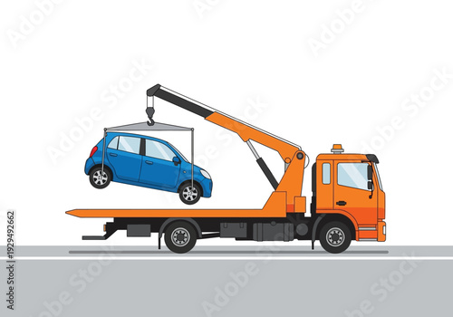 Orange Tow Truck Lifting Blue Car Illustration.
