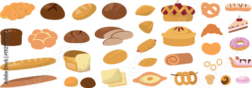 Bakery Bread and Pastry Icons Set Featuring Loaf, Croissant, Donut, Cake, Pretzel and Sweet Desserts Vector Illustration Collection