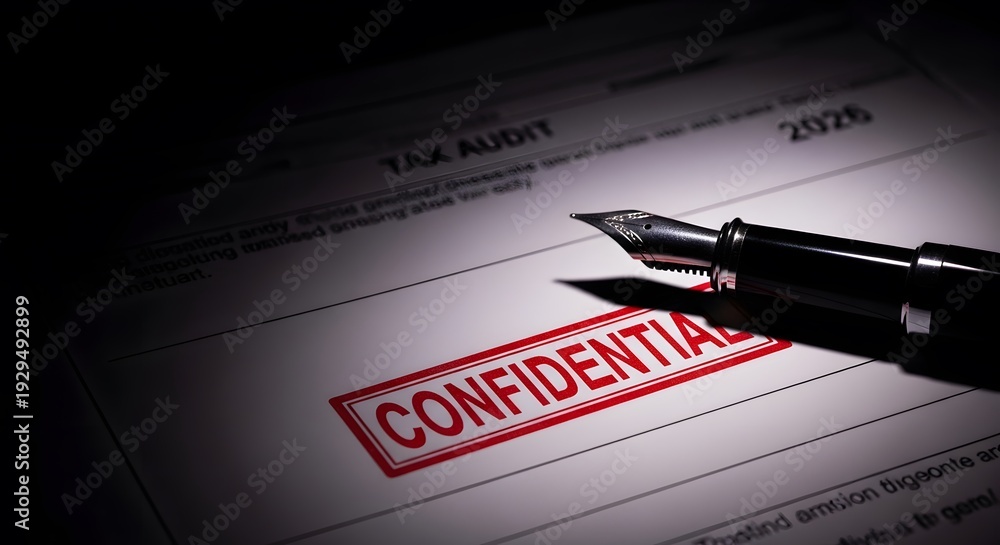Obraz premium Fountain Pen on Confidential Tax Audit Document with Red Stamp and Dramatic Lighting
