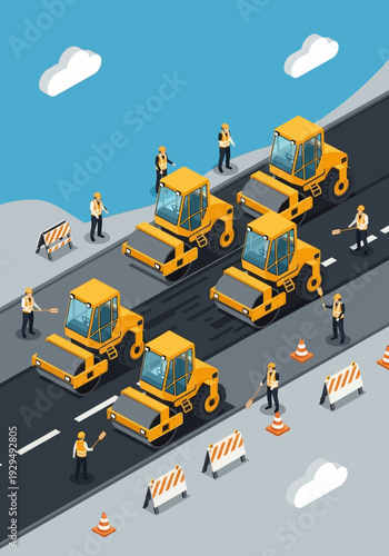 Road Construction Scene with Steamrollers and Workers.